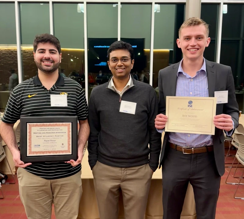 Student researchers and Sharan Srinivas with research-poster and IISE recognition certificates at a 2024 research event